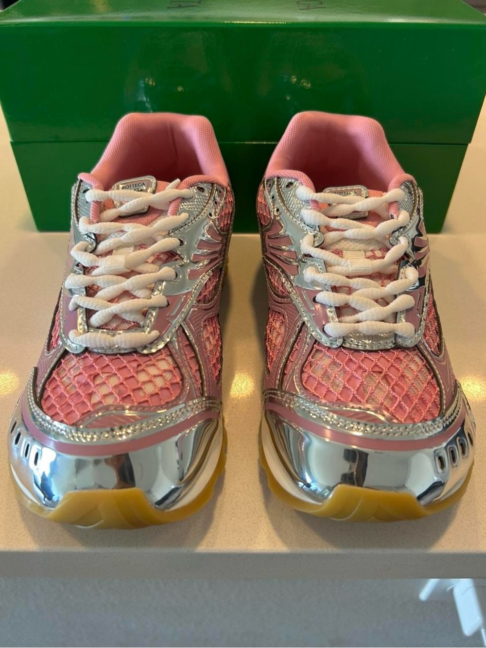 Bottega Veneta Pink Metallic Mesh Sneakers with White Laces - Picture 3 of 5